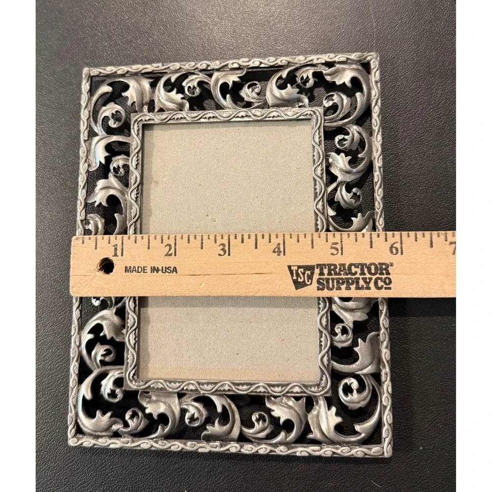Russ Berrie 3.5x5 Picture Frame Silver Pewter Ornate Scroll Free Standing